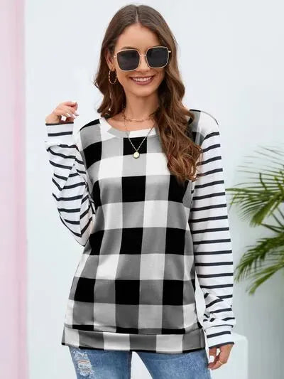 Plaid Striped Round Neck Long Sleeve T-Shirt Women's T-Shirts - Tophatter Daily Deals